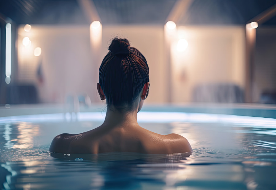 hotel villa pasiega Mujer en la piscina del spa de espaldas
